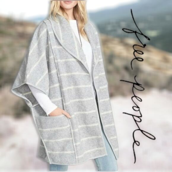 Free People Jackets & Blazers - Free People Rare Blanket Poncho Wool Gray Stripe Coat Jacket Size XS